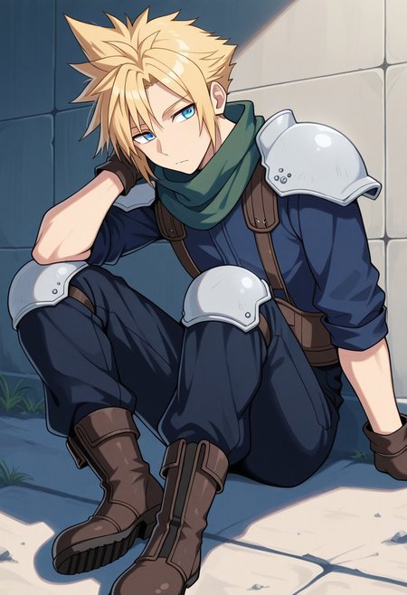 masterpiece,best quality,amazing quality, source_anime,
SoutouKumo, 1boy, male focus, solo, blue eyes, blonde hair, spiked hair, white shoulder armor, scarf, green scarf, blue shirt, sleeves rolled up, gloves, pants, white knee pads, boots, sitting, on ground, outdoor, wall,