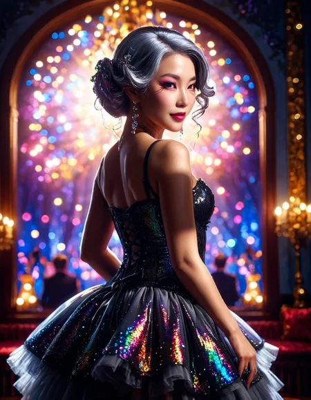 by Kanzan Shimomura, elegant Burlesque ral-blkhlg of Development, Gray hair styled as Side part, Bokeh, detailed, masterpiece, silhouette, dreamy magical atmosphere, <lora:ral-blkhlg-sdxl:1.1>, grand illumination, magical atmosphere, cinematic light, epic, rich vivid colors, perfect composition, colorful