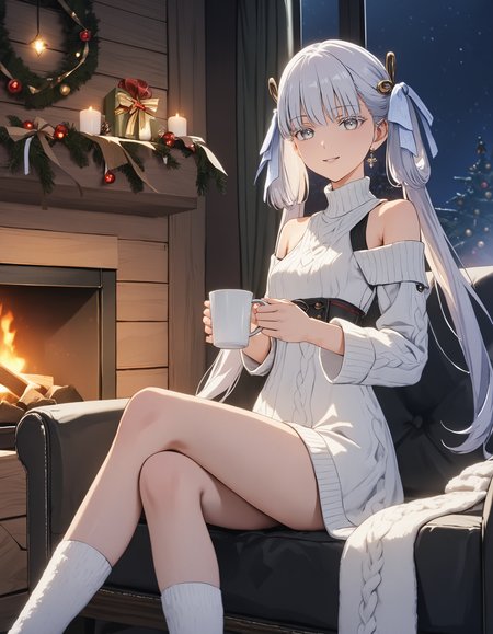 masterpiece, best quality, 8K, very aesthetic, UHD, volumetric lighting, natural lighting, highly detailed, intricate details, 1girl, home clothes, white oversized wool sweater, tights, wool socks, bare shoulders, twintails, white eyelashes, white hair, white eyes, smiling, lifelike female body, perfect female body shape, narrow waist, sitting cross-legged on the couch, holding a cup of coffee, dim light, christmas decorations, fireplace, night, cozy wooden house, <lora:Jinhsi_V1.11:0.7>