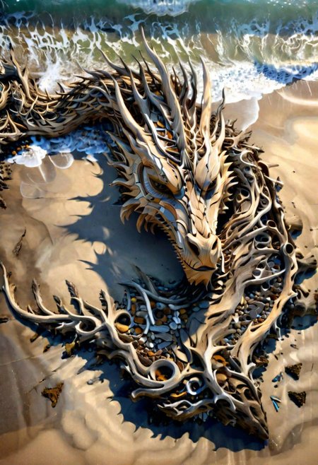 (drift wood washes up on the shore, all the tiny parts of drift wood form together to create a perfect  shape of a large dragon lying on the shore), abstract, 3d render, strong, insanely intricate details, (masterpiece), breathtaking natures art work