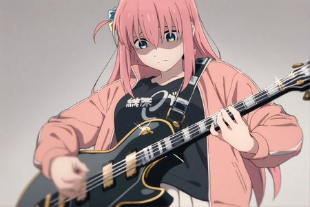 1girl,gotoh hitori,
cube hair ornament,electric guitar,frown,gibson les paul,grey background,guitar,hair ornament,holding,holding instrument,instrument,jacket,long hair,looking down,one side up,pink hair,pink jacket,simple background,solo,track jacket,upper body,detailed (ç»è),beautiful color,shaded face,glint,black shirt,blurry foreground,eyelashes,depth of field,skirt,bass guitar,blurry background,closed mouth,shirt,blurry,open clothes,blue eyes,holding guitar,open jacket,fender precision bass,breasts,medium breasts,hair between eyes,white skirt,pleated skirt,amazing quality \(style\),tsurime,sidelocks,very long hair,long sleeve cuff,
(masterpiece, best quality, very aesthetic),absurdres,aesthetic,detailed,beautiful color,amazing quality,
masterpiece,best quality,amazing quality,very aesthetic,<lora:CSM animation style-NOOB05-lokr-ADAMV2:1>,
