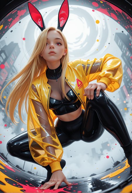 masterpiece, detailed_eyes, high_quality, best_quality, highres, subject_focus, depth_of_field, 
Complementary Colors,
1girl, woman,leggings, yellow jacket, see-through jacket, latex jacket, shirt, bare midriff, bunny ears, blonde hair, hair over eye, red eye, very straight hair, tilted head, dynamic angle, looking at viewer, action motion, abstract, splatter, splash art, crouching, hand on knee, fisheye angle,
simple background, fog, bokeh