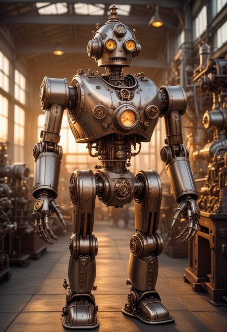 (medium full shot) of elegant steampunk robot, nickel body, with gearwork, aviator cap with brass fittings, steam-powered arms, pressure meter, set in  a bustling factory, with large steam engines, intricate machinery, conveyor belts, and robotic arms, during sunset, Masterpiece,best quality, photo, realistic, very aesthetic