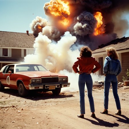 cinematic film still of  <lora:add-detail-xl:1>
<lora:detailed:0.3>
<lora:perfection style:0.3>
<lora:xl_more_art-full_v1:0.3>
 <lora:Lethal Weapon film style:0.9>
two women are leaning against a car in front of a house with big explosion in backgroun,1girl,jacket,multiple boys,striped,pants,ground vehicle,motor vehicle,realistic,car,photo background , cinematic, film, 1980's, kodak, action themed, Lethal Weapon film style, shallow depth of field, vignette, highly detailed, high budget, bokeh, cinemascope, moody, epic, gorgeous, film grain, grainy