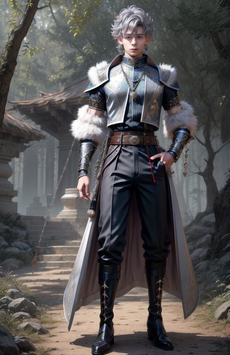 8k, wolf prince,   ((masterpiece)).((best quality:1.2)),  sharp focus, full body, head to toe, 1 young man, 22 years old, youthful appearance, male focus, dynamic pose,  silver colored hair, curly hair, EYESHD,  small testicle bulge, Nora outfit fur accents, Nora outfit bead necklaces, Nora outfit pants, Nora outfit hip quiver, Nora outfit leg guards, Nora outfit arm braces, Nora outfit belt with pouches, and Nora outfit fur boots,   defined body, thin waist, looking at camera, armor, he has a pet wolf,  detailed background a wooded clearing, a pet wolf standing nest to him,(absurdres) , <lora:more_details:0.5>, <lora:wrenchftmfshn>,<lora:add-detailxl:0.8>, <lora:Eyes_High_Definition-000007>, , <lora:lightup_brightness_v200:1>, <lora:Nora:1>