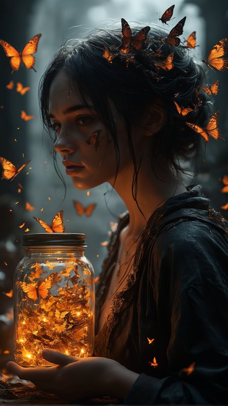 (((((glowing poisonous butterflies jar))))),the quantum panderverse is a decaying reality where forced inclusion is a poison that assumes everything should be made colorful like a circus, because they assume everything is like them and should be like them. Since impressionism and expressionism, the corrupted idea of freedom is a concept that creates war, becoming the true apocalypse of modernity. Only a few dare to fight the tricky dementors who feed from other emotions like astral specters; these faceshift and disguise themselves as warriors, elves, fairies, animals, demons, angels, etc, stay away from internet is toxic, they can't win without cheating <lora:add-detail-xl:1> <lora:MJ52:0.5>