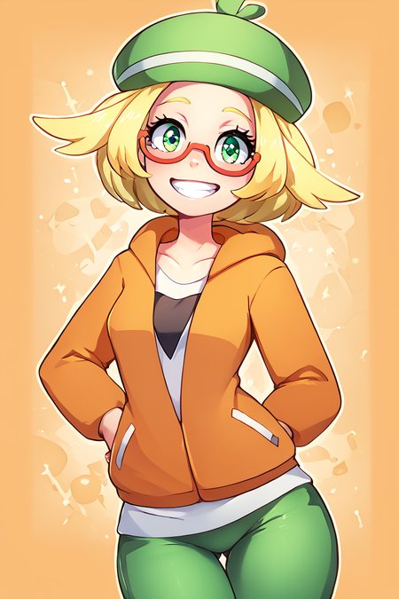score_9, score_8_up, score_8, medium breasts, (curvy), cute, eyelashes,       BREAK, , ,,, zzBianca, blonde hair, short hair, green eyes, green hat, glasses, orange jacket, white shirt, green pants, <lora:Bianca_Pokemon_PDXL:0.8>,    ,,,, BREAK, smile, looking at viewer, ,,, abstract background, white outline, cowboy shot, ,,, embedding:zPDXL, Expressiveh, ,,, <lora:theOtherHalfPDXL:0.8>, <lora:CatalystStylePDXL:0.6>, <lora:SDXLFaeTastic2400:0.5>, <lora:Expressive_H-000001:0.4>,