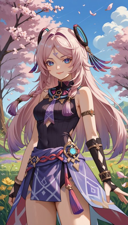 score_9, score_8_up, score_7_up, source_anime, ,outdoors,cherry blossoms,standing,cowboy shot,smile, flower field 
 <lora:Citlali:0.8> citlali_(genshin_impact), 1girl, blue eyes, long hair, bare shoulders, headgear, leotard, skirt, single elbow glove, fingerless gloves