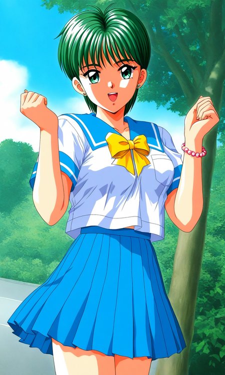 general,highres, ultra-detailed,very aesthetic,best quality ,best hands, BREAK <lora:Kiyokawa_Nozomi_Tokimeki_Memorial_IS:1>
Kiyokawa_Nozomi(Tokimeki_Memorial), 1girl, solo, green hair, short hair, green eyes, bangs, medium breasts,
blue school uniform, serafuku, jewelry, yellow bow, Yellow bow, blue skirt, blue sailor collar, pleated skirt, short sleeves, outdoor, tree, sky,