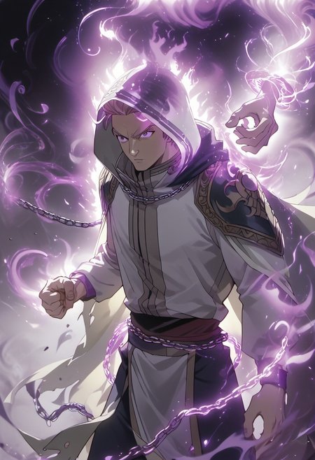 score_9, score_8_up, score_7_up, source_anime, rating_safe, purple magic, chains, Pretail, 1boy, male focus, [[[anime screencap]]], white aura, wizard cloak, waist cloth, hood down, fighting stance, auralora, dark aura, hands with five fingers, glowing, Expressiveh