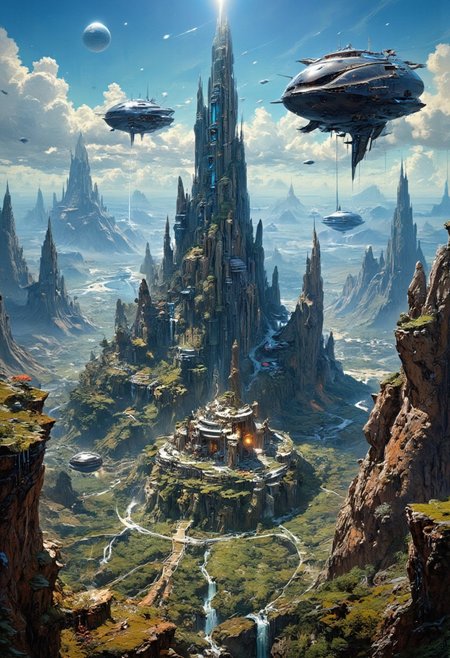 oil painting, rough, textural, broad brush strokes, a city in the mountains surrounded by 4giant rocks in the shape of dragons pointing in all cardinal directions, many space ships leaving and entering the city,