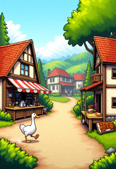 <lora:KFT_2d_Pixel_Style_FLUX-000017:1>
The image is a vibrant kftpxl pixel art illustration featuring    A goose running a bakery in a quaint village.