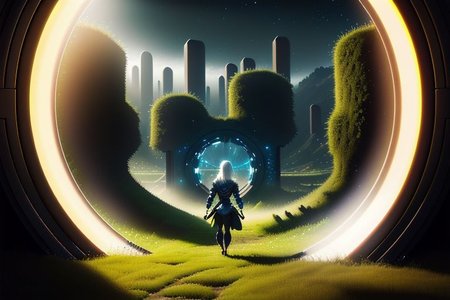 (masterpiece, best quality), (1girl in front:1.2), walking through a portal, (scifi city street from window:1.2), scifi armor, white hair, long ponytail, glowing portal, grass, moss, open door, light rays, trees, night sky, dark shadows, dark background, uhd, photo, realistic