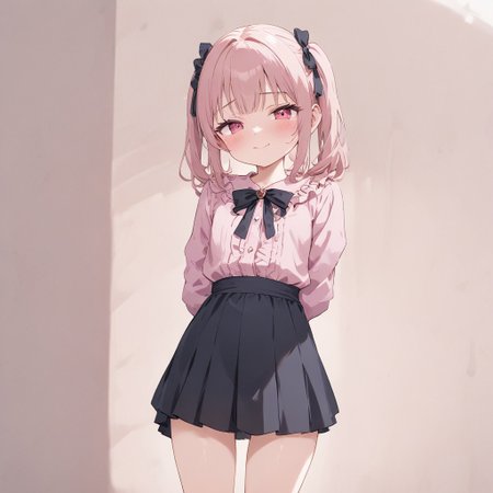 petite girl, (posing:1.1), full view, colorful background, good anatomy, hourglass body shape, beautiful, facial expression, masterpiece, perfect light and shadows, making an action, pink shirt, black skirt, ribbon, jirai kei, playful, slightly smiling, (beautiful background:1.1)