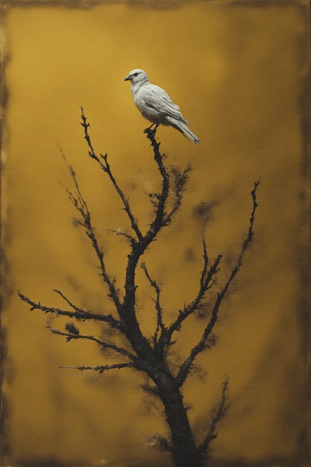 A single, white origami bird perched on a branch of a leafless, golden tree. Surreal and minimalist.
Dark Art