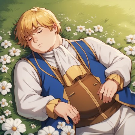 score_9,score_8_up,score_7_up,score_6_up, sleeping in a white field surrounded by white flowers, <lora:zanac-v4:1> zanac valleon,blonde hair,fat,male focus,vest,ascot, puffy long sleeves, lying