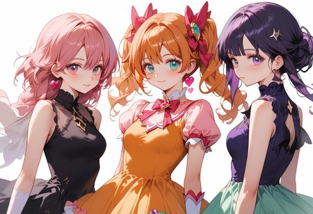 score_9, score_8_up, score_7_up, 
source_anime, deep colors, 
high quality, high resolution, detailed, highres, highly detailed, intricate details, beautiful eyes,
BREAK
multiple girl, (magical girls:1.3), (magical girl:1.3), 3 girls, 3girls, 
Genshin Impact Style,
(magical girl outfit:1.2), (intricate decorated magical girl dress:1.1), lace, ribbon, stitching, ornament, steampunk dress, Chinese dress, ballerina dress, evening dress,
red hair, pink hair, orange hair, yellow hair, green hair, cyan hair, blue hair, purple hair, violet hair, black hair, 
red dress, pink dress, orange dress, yellow dress, green dress, cyan dress, blue dress, purple dress, violet dress, black dress,