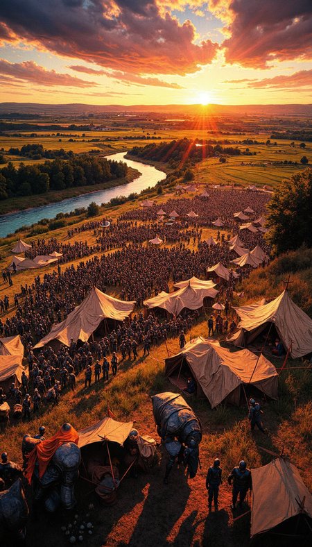 Comic book style, Medieval battlefield encampment at crepuscular hour.  Multitudinous soldiers and conical tents populate the foreground and midground. Dynamic three-quarter shot overlooking the vast battlefield extending to a serene river and distant hills.  Emphasize the warm, diffuse lighting of the setting sun, casting long shadows and illuminating the dust motes.  Focus on the minutiae: polished armor, weathered canvas tents, flickering campfires, and the nascent mist rising from the damp earth.  Background includes a meandering river reflecting the dying light, verdant fields, and low, undulating hills. Enhance depth of field and atmospheric perspective. Add a palpable sense of anticipation and solemnity in the air.