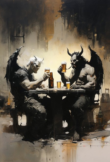 angel and a demon enjoying a beer together after work, <lora:add-detail-xl:0.75> , <lora:xl_more_art-full_v1:0.5> ,   <lora:AshleyWoodArtAILccp:1> AshleyWoodArtAI