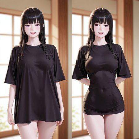 (fine fabric emphasis:1.2), (((masterpiece, amazing quality, best quality, ultra-detailed, 8K, illustration, amazing quality, newest, absurdres, realistic))), highres, very aesthetic, absurd res, hi res, very awa,  dynamic angle, refined, volumetric lighting, cinematic lighting, blurry background, close up vivid colors, ((source_realistic:1.6)), hyper detailed,
BREAK
cute face, 1girl, gothic, bangs, pale skin, hime cut, pajamasChallenge, multiple views, shirt overhang, tight shirt, taut shirt, naked shirt, looking at viewer, open mouth, smile, arms behind back, upper teeth only, cowboy shot, no pants, shy, looking away