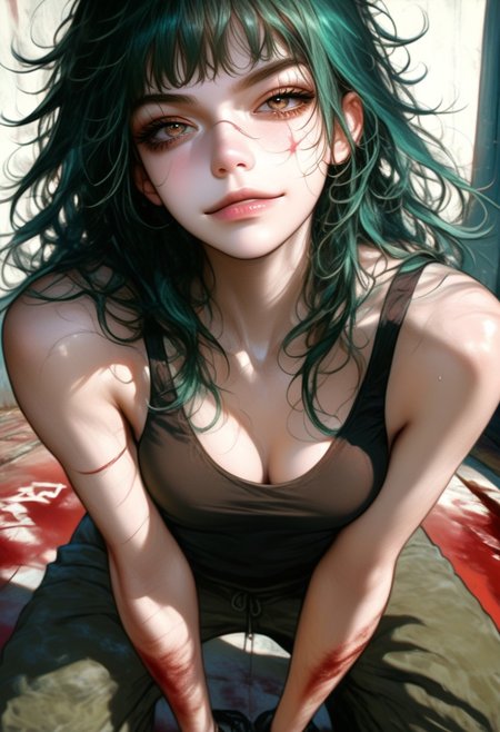 score_9, score_8_up, score_7_up, score_6_up, source_anime, 1girl, pale skin, dark green hair, long hair, slightly messy hair, bangs, black tank top, cleavage, string tank top, sexy, seductive, slightly smirk, from below, looking at viewer, darkness, bedroom, color theory, EOP, semi-realism, kneeling, sweat pants, blood, scar on face, gaze, hazel eyes, blood on nose,