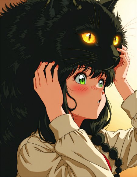 hyper-detailed, modernretroanime, Anime, nanostyle,
A young female with ethereal green eyes and freckled skin stares upward, lost in thought, as she carefully holds a massive black cat’s head over her own like a living headdress. The cat’s golden, piercing eyes gleam with an eerie intensity, its fur thick and shadowy, enveloping the girl’s dark curls. Her delicate fingers press into the feline’s temples, the subtle tension in her hands suggesting an ancient bond. The warm, golden light cascades across her flushed cheeks, casting soft shadows against the folds of her off-white, timeworn blouse. The atmosphere is rich with enigmatic mysticism, a silent connection lingering between predator and child.
 <lora:Modern-Retro_Anime-FLUX:0.85>