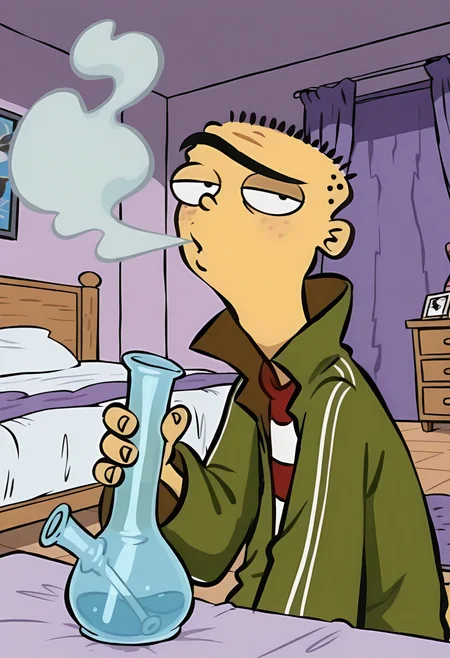 <lora:Ed_Ed_Edd_n_Eddy_-_IL:0.9>, Masterpiece, best quality, 8k, newest, absurdres, highly detailed, 1boy, solo, edboi, mnbrow, green jacket, striped red and white shirt, unibrow, BREAK, bong, getting hight, blowing smoke messy bedroom, smoky, stoned