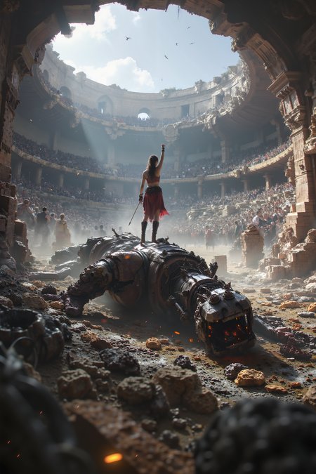 At the center of a vast, crumbling amphitheater, an arena champion stands victorious over a defeated, robotic beast, her chest heaving as the crowd roars above her. Her armor, battered and scorched, gleams faintly in the harsh sunlight as she raises her spear toward the sky. Behind her, the massive, mechanical carcass of her opponent lies in pieces, sparks still flying from its shattered core. The championâs gaze sweeps over the crowd, a mix of triumph and exhaustion in her eyes, while the ancient, stone walls of the arena crack and shift, as though the structure itself is awakening. The scene is filled with the energy of a grand, gladiatorial battle, blending the futuristic intensity of The Hunger Games with the mythic, brutal grandeur of Gladiator.<lora:black_fantasy_1.0>