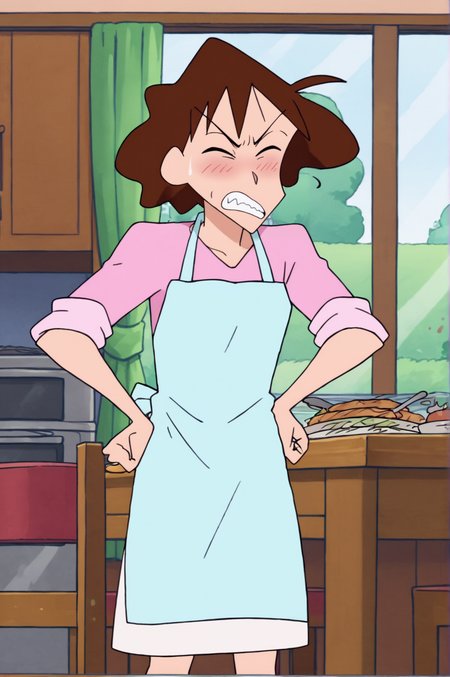score_9, score_8_up, score_7_up,anime_source, source_anime, best background, detailed background, anime screencap,  Misae Nohara, apron, blue apron, clenched teeth, closed eyes, hand on own hip, indoors, kitchen, pink shirt, shirt, sleeves rolled up, teeth, window, indoors, blush <lora:JN_Misae_Nohara:0.8>