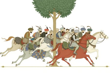 olgadugina1 illustration. 
A large group of warriors on horseback. They wear traditional Ottoman turbans and robes. The horses have decorative saddles and bridles. A large tree is in the center of a plain background. <lora:olgadugina2_cap_d6a3e9:1.0><lora:858117698456963681:0>