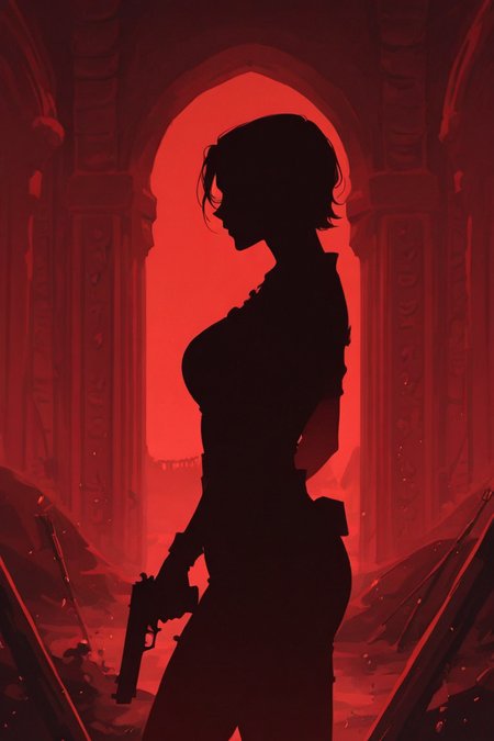 score_9,  masterpiece, best quality, amazing quality, very aesthetic, absurdres, newest, ultra-detailed, sharp focus, depth of field, dynamic composition, side view, cinematic shot, Lara Croft_\(tomb_raider\), 1girl, solo, cowboy shot, shooting a gun,  shooting bullet, action shot, dramatic pose, silhouette, ancient archeological ruins, red theme, red light scatter, suspenseful tension, poster aesthetics, dramatic shadows, c0mix, artist:moriimee