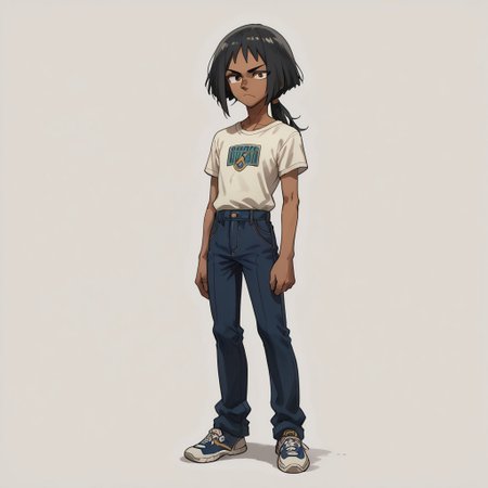score_9, score_8_up, score_7_up, 1boy, solo, PascualAbajShamanking, 1boy, solo, male, black hair, straight medium-length hair, flowing hair extending to the waist,  reddish-brown skin, oval-shaped face,  pointed nose, visible cheekbones, skinny and lean, white outline, full-length, pants, shirt,