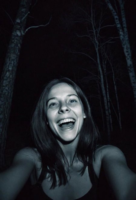 girl at night in the wood, selfie, laughing, night, very dark, infrared photography ,grainy, motion blur, blurry, blair witch project