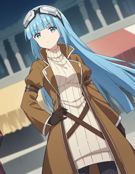 score_9, score_8_up, score_7_up, source_anime, <lora:bofuri-iz-s2-ponyxl-lora-nochekaiser:1>, iz, long hair, bangs, blue eyes, blue hair, blunt bangs,, gloves, long sleeves, dress, pantyhose, black gloves, sweater, coat, turtleneck, goggles, ribbed sweater, goggles on head, open coat, turtleneck sweater,, street market, vendor, street food, bustling crowd, local flavor, vibrant, , looking at viewer, elbow bent, foot crossed, hand on hip, solo,, cowboy shot, dutch angle