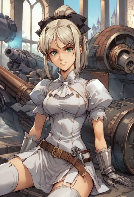 score_9, score_8_up, score_8, score_7_up, score_7, anime of hmkshll, green eyes, platinum blonde hair, high ponytail, bangs, sidelocks, hair ribbon, knight dress, gauntlets, belt, medium breasts, castle, posing for a photo, facing viewer, looking at viewer, female focus,  (dynamic lighting:1.1), Sitting on a Cannon, , looking at a Cannon, Culverin, smiling ,  ground vehicle, military vehicle,bslskspg, basilisk, Basilisk Self-propelled Gun 
((masterpiece))