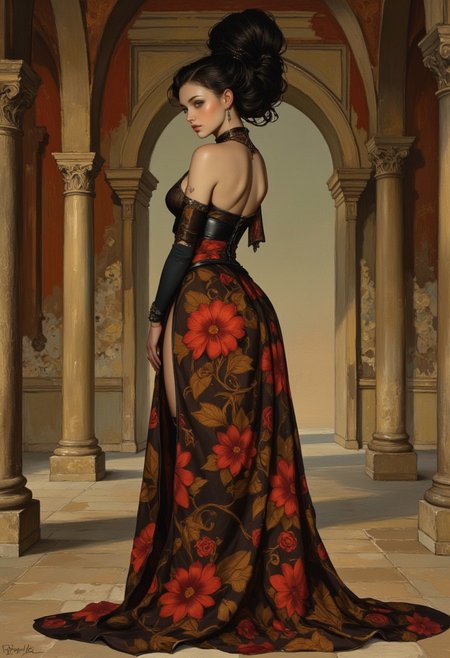 A captivating and mysterious figure standing gracefully in a grand, ancient stone hall in an over the shoulder pose showing her back. The woman exudes elegance and allure, clad in a flowing, semi-transparent gown adorned with intricate floral patterns in deep red and orange hues. The fabric clings delicately to her form, emphasizing her poise and confidence while cascading to the ground, pooling softly at her feet. Her slit dress teases a glimpse of her legs an her black leather corset high heels, adding a subtle air of seduction to her regal appearance. Her hair, styled with precision, is dark, voluminous, and arranged in a series of elaborate loops accented with ornate silver hairpins that resemble delicate flowers. Her bright blue eyes conveys an enigmatic, almost supernatural quality, further accentuated by her confident smirk and direct gaze that seems to pierce the viewer. Her porcelain skin contrasts sharply with her dark attire, evoking a sense of ethereal beauty. The setting enhances her commanding presence—a grand, weathered stone hall with tall, fluted pillars and archways that speak to an ancient, forgotten place. Shadows dance across the textured walls, adding a sense of depth and mystery, while the faint light accentuates the contours of her figure and the rich details of her dress. The background is painted in an abstract explosion of colors—red, gold, brown, and yellow—creating a dramatic vignette effect.