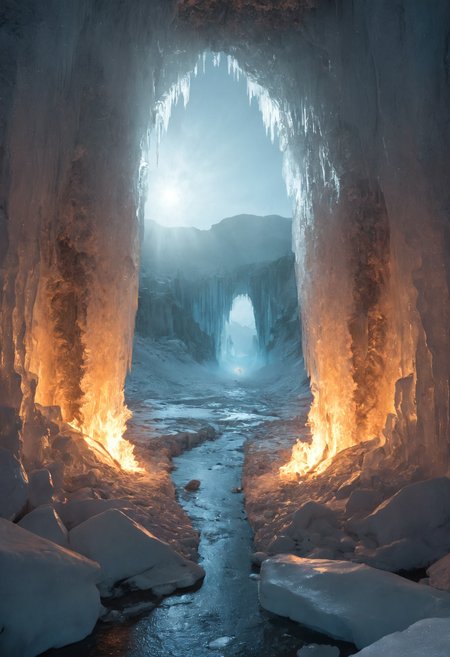 1c3_w1n73r, blazing fire-ringed portal glowing in frozen wasteland, swirling flames reflecting on cracked translucent ice, gateway revealing towering icy cliffs and blue mist, dramatic lighting contrast, photorealistic, professional photography, sharp focus, high resolution, detailed