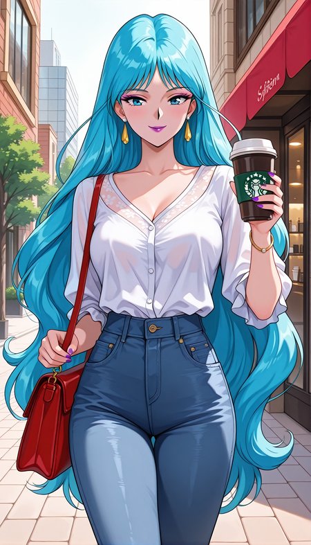 masterpiece,best quality,amazing quality,1990s \(style\),1girl,solo,sailorsiren ill,blue eyes,long hair,very long hair,lipstick,blue hair,makeup,purple lips,cup,bag,disposable cup,jewelry,smile,earrings,handbag,shirt,coffee cup,pants,holding cup,white shirt,holding,denim,outdoors,blouse,shoulder bag,<lora:sailorsiren ill:0.8>,