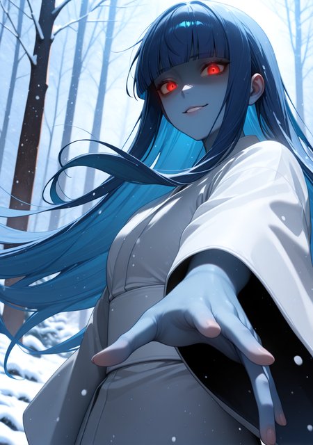 masterpiece, best quality, absurdres, perfect lighting,shiny skin,detailed,<lora:Detailer_NoobAI_Incrs_v1:1.4>,1girl,yuk1jy0rousmt, colored skin, blue skin, long hair, blunt bangs, blue hair, red eyes,<lora:zs_YukiJyorouILLU:0.8>, white_kimono,snowing, snow, winter,forest, blurry background,upper body, backlighting,seductive smile, shaded face, glowing eyes, crazy eyes, constricted pupils, reaching towards viewer, open hand,wind, floating hair, floating clothes, close-up, from below,