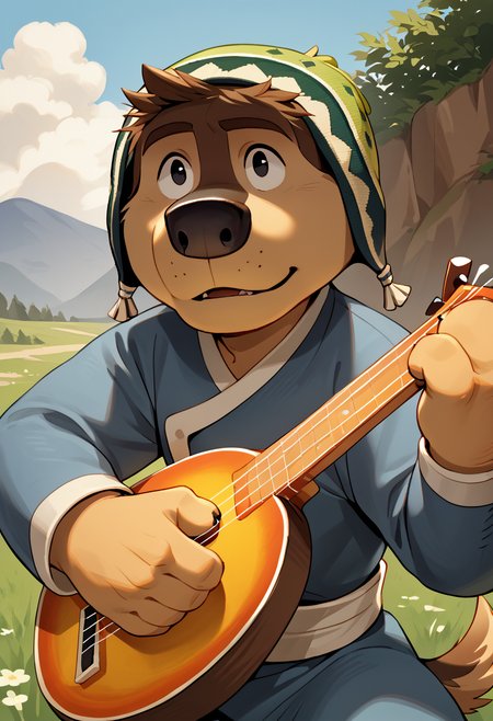 score_9, score_8_up, score_7_up, best quality, hires BREAK solo, black eyes, dog, rock dog, headwear, male focus, 1boy, furry, solo, hat, instrument, <lora:Bodi_Rock_Dog:1>, <lora:add-detail-xl:1>