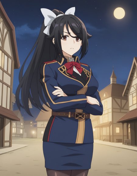 score_9
BREAK
chloe_olis, 1girl, solo, black hair, high ponytail, white bow, brown eyes, eyes visible through hair, military uniform, blue jacket, white shirt, red bowtie, brown belt, blue skirt, black pantyhose, crossed arms, from side, frown, looking at viewer, looking to the side
BREAK
building, town, fantasy, starry sky, night sky, night, moonlight
<lora:chloe_NagekiNoBoureiWaIntaiShitai_ponyxl_v1_char:1> <lora:chloe_NagekiNoBoureiWaIntaiShitai_ponyxl_v1_style:1>