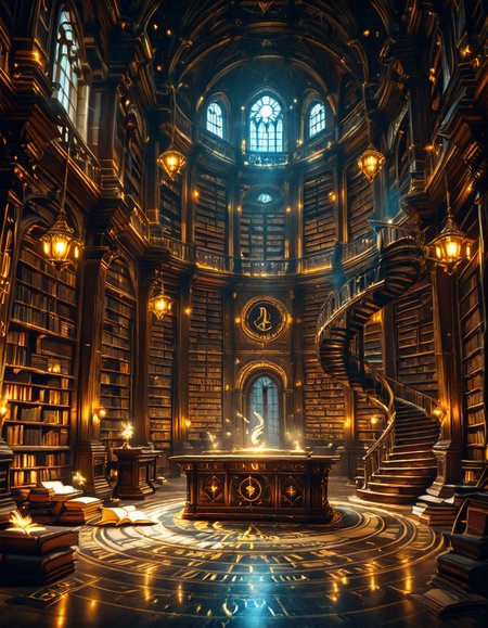 grand enchanted library filled with towering wooden bookshelves that stretch endlessly into the distance, packed with ancient, leather-bound books glowing with mystical runes. The atmosphere is illuminated by floating candles and ethereal blue and golden lights that hover in the air, casting a warm, magical glow. A spiral staircase made of dark oak winds upward, disappearing into the shadows of the high-vaulted ceiling adorned with intricate celestial carvings. Wisps of enchanted mist swirl around the floor, while some books levitate gently from shelf to shelf, as if guided by an unseen force. The air shimmers with dust particles suspended in soft, golden light filtering through stained glass windows, depicting mythical creatures and arcane symbols. The scene is rich in deep, warm tones of mahogany, gold, and sapphire, evoking a sense of wonder, mystery, and timeless knowledge. The image is highly detailed and photorealistic, capturing the textures of the aged books, the glow of magical elements, and the enchanting stillness of this mystical sanctuary of wisdom.
<lora:SDXLFaeTastic2400:0.4> <lora:extremely_detailed:0.4> extremely detailed,<lora:3nch4nt3d_l1br4ry-ill:1>,3nch4nt3d l1br4ry, Masterpiece,best quality,hi res,8k,hi res,8k,award winning,(sharp focus, intricate, highly detailed),