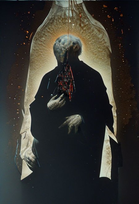 painting of an older man and his adult male lover, spark ignites, tortured souls, peacefulness, revelation, surreal dark smeared background, black and gold mutations tears in fabric , separation of colors, in the style of nicola samori <lora:DarkAnime1:1> <lora:HorrorArt(1):1.2>, glow effects, godrays, Hand drawn, render, 8k, octane render, cinema 4d, blender, dark, atmospheric 4k ultra detailed, cinematic sensual, Sharp focus, humorous illustration, big depth of field, Masterpiece, colors, 3d octane render, 4k, concept art, trending on artstation, hyperrealistic, Vivid colors, extremely detailed CG unity 8k wallpaper, trending on ArtStation, trending on CGSociety, Intricate, High Detail, dramatic, absurdes, a realistic baroque bedroom, white canopy over bed, white drapes, damask patterns, intricate details,    in the style of Vittorio Matteo Corcos