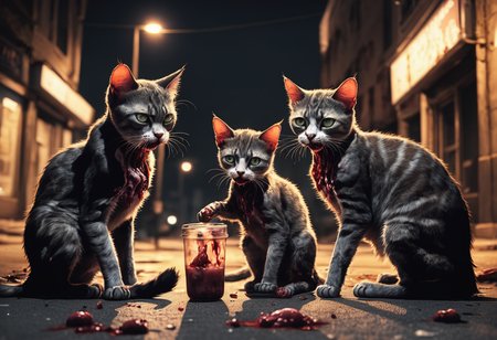 wounded realistic zombie cats eating a kitten in a dark city street