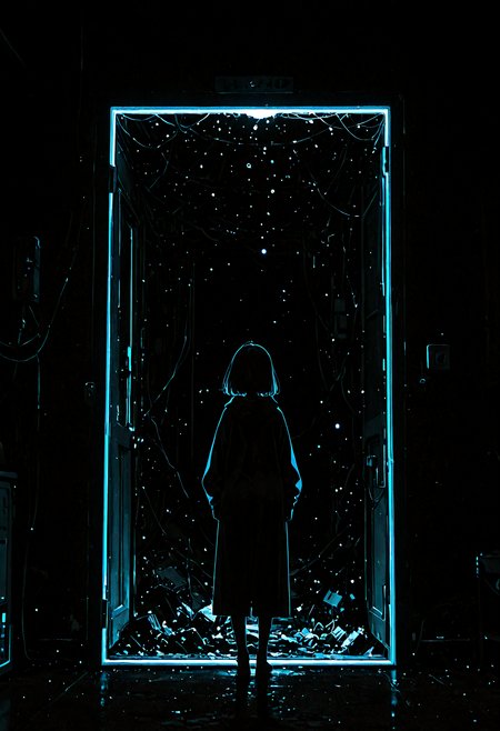 1girl, full body, from behind, open door, (only a door in dark space :1.4), (flat lighting, flat color, flat design, no lineart:1.4), monochrome, film grain, spot color, local color adaptation, masterpiece, best quality, amazing quality, very aesthetic, absurdres, newest,