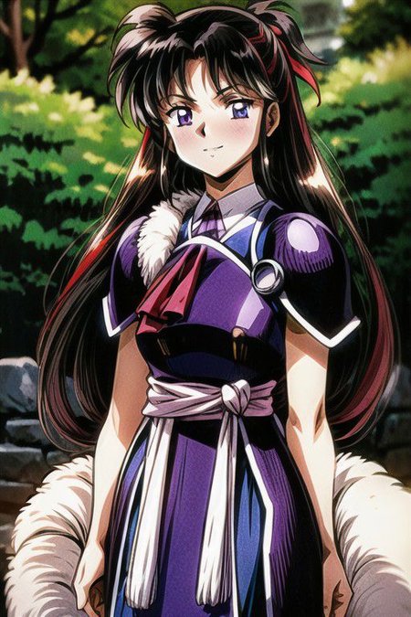 best quality 1girl Setsun4 solo long hair,  (night time) forest background black hair very long hair purple eyes multicolored hair armor, small, (fur trim) (medium body),<lora:EMS-179-EMS:0.800000>,<lora:EMS-293862-EMS:0.800000> bow, hair_bow, hair_tubes, red_bow, brown_hair, long_hair, bangs, ascot, frilled_bow, yellow_ascot, blush, smile, hair_between_eyes, athletic, armor, miko,  Smiling, happy,