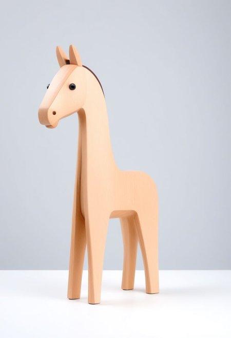 (expert craftsmanship:1.8), (high resolution, product photography, photo studio background:1.2), (modern wooden toy animal, equine creature:1.8), (fine wood, realistic wood material:1.5), (simple form, abstract form, multiple parts:1.9), (finely crafted parts, simple shape, elegant shape, ambiguous shape, stout shape, innocent shape:1.4), (hand-painted, comfortable, playful, friendly:1.5), (tall, lanky, whimsical:1.7), (Bauhaus Design aesthetic:1.7)