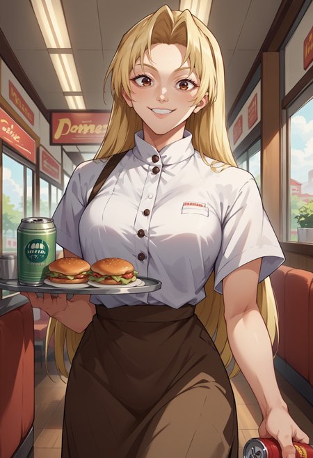score_9, score_8_up,score_7_up, source_anime,1girl, solo, <lora:EPjjkTsukumoYuki:1>, EPjjkTsukumoYuki, long hair, blonde hair, brown eyes, parted bangs, indoors, diner, holding, coffee can, waitress, tray, serving, standing, smile