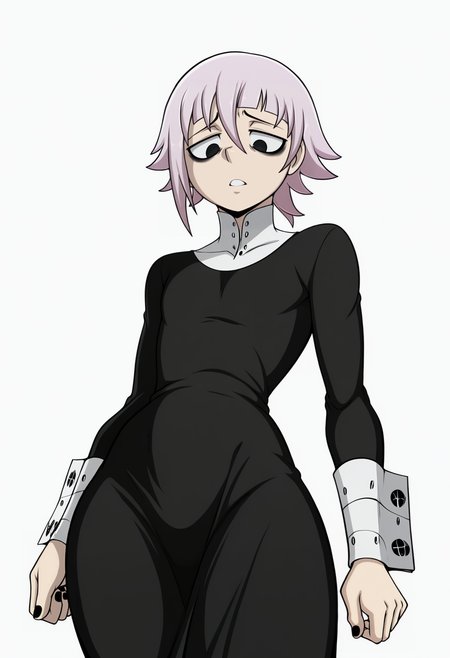 (masterpiece,amazing quality,best quality,anime coloring,beautiful colors,very aesthetic,digital art,illustration,perfect composition,intricate details,absurdres,incredibly absurdres, perfect body, sexy,shadows),(((((white background))))),<lora:blackwhiplash(bwl)-guy90-Illust-Lycorisv1:1>,blaash,<lora:crona:1>,crona,short hair,long sleeves,dress,pink hair,purple hair,black eyes,black dress,black nails,long dress,bags under eyes,cowboy shot,white background,parted lips,wrist cuffs,cowboy shot,from below,solo,