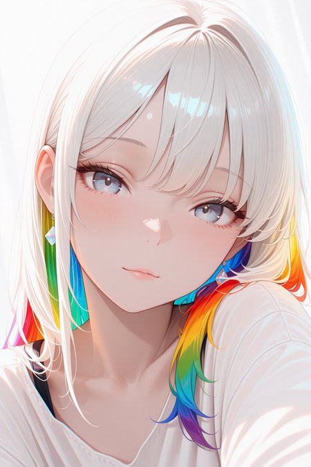 lazympos, adult, 1woman,
masterpiece, best quality, newest, highres, absurdres,no lineart, no outline, detailed, looking at viewer, solo, chromatic aberration, rainbow hair,white theme ,limited palette,tenebrism,close up, depth of field